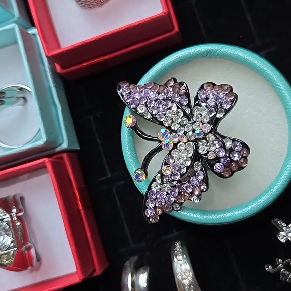 Purple Rhinestone Black Silver Tone Butterfly Ring Size 7 Adjustedble - Picture 14 of 17